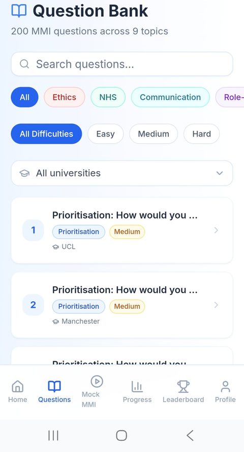 Question Bank screen with topic and difficulty filters