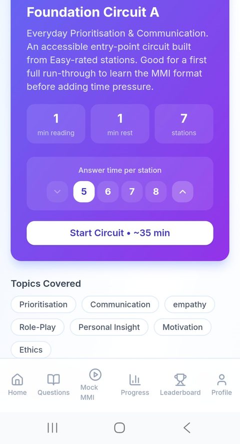 Circuit start screen with reading time and answer time settings