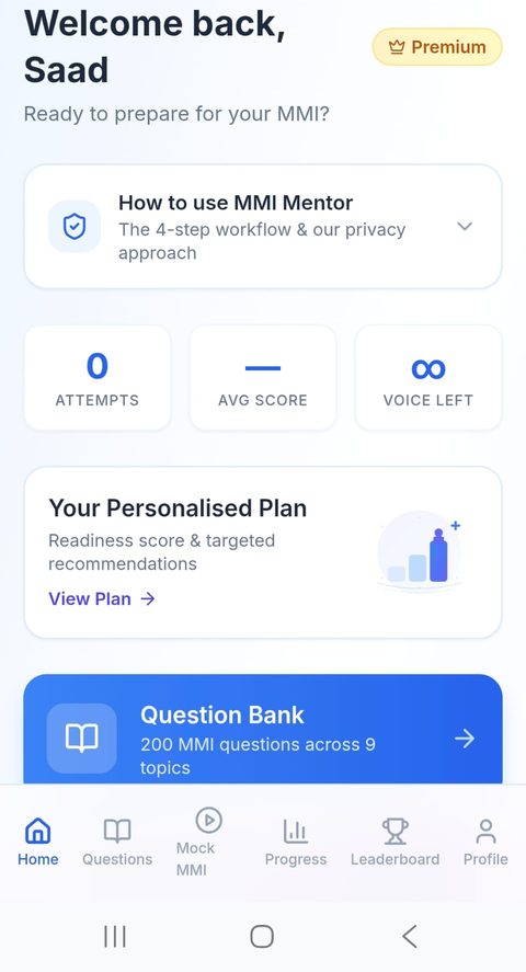 Welcome back home screen with attempts, average score, and plan