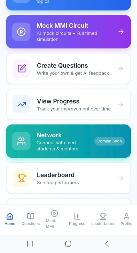 Progress dashboard with streak, attempts, and monthly calendar